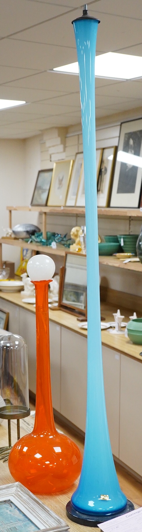 A Vincenza blue glass standard lamp base and a Italian Blenko oversized bottle and stopper, largest 143cm